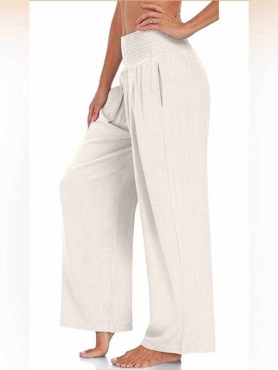 UEU Women's Linen Blend Palazzo Pants With Pockets - Picture 2 of 8